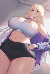 1girls blonde_hair blue_eyes booty_shorts breasts cccco cerestia_of_life elf elf_ears elf_female female hi_res hips huge_breasts last_origin long_hair naughty_face short_shorts shorts smile sports_bra sportswear thick_thighs thighs wide_hips