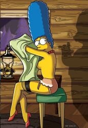 1girls blue_hair_female body_difference cabin fat_man forest_background high_heels homer_simpson husband_and_wife lamp_light looking_back_at_partner marge_simpson married_couple matt_groening no_bra silhouette simpsons sitting_on_chair slim_waist tagme taking_off_dress the_simpsons undressing window yellow_body