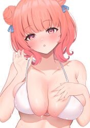 1girls :o amatsuki_eri bare_shoulders bikini blue_ribbon blush blush_lines breasts collarbone deep_skin dot_nose double_bun eyebrows eyebrows_visible_through_hair eyelashes eyelashes_visible_through_hair fingernails grabbing_own_breast hair_bun hair_ribbon huge_breasts looking_at_viewer medium_hair nails open_mouth pink_eyes pink_hair ribbon simple_background solo solo_female swimsuit twin_buns upper_body virtual_youtuber vspo! wet white_background white_bikini yumeno_akari