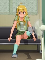 blonde_hair censored clothing electric_fan fan female green_eyes green_skirt highres innie_pussy long_hair original pussy skirt spread_legs teenage tsupan upskirt