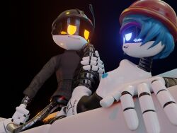 alexandrstariy blue_eyes blue_hair glitch_productions metallic_body murder_drones orange_eyes rebecca_(murder_drones) robot robot_boy robot_girl sofa