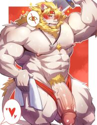 2024 5_fingers abs anthro areola barazoku biceps big_muscles big_penis biped blonde_mane blush embarrassed felid fingers foreskin fur genitals glans half-erect hi_res higanbana_zero huge_cock huge_muscles humanoid_genitalia humanoid_penis jewelry lion looking_at_viewer male mammal mane muscular muscular_anthro muscular_male necklace nipples pantherine pecs penis pink_nipples solo standing sword_on_shoulder vein veiny_penis white_body white_fur yellow_eyes