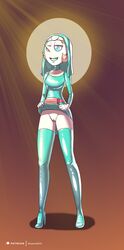 1girls 2018 blue_eyes bottomless cartoon_network color commission dress dress_lift exhibitionism female_only high_heels highres latex no_panties nun orange_hair pearl_(steven_universe) pussy shadow2007x shiny_clothes solo steven_universe thigh_high_boots uncensored white_skin