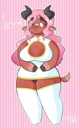 anthro bandage bandaid caprine cleavage cleavage_cutout furry goat goat_eyes hooves horn horns large_breasts lemona_(super_jumbo) long_hair looking_at_viewer original original_character panties pink_eyes pink_hair short_tail sleeveless sleeveless_shirt super_jumbo tail thick_eyebrows thick_thighs thighhighs very_long_hair