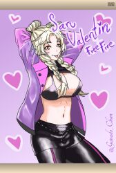 1girls 2024 artist_name big_breasts blonde_hair clothed clothing comic female free_fire ganado_chan garena looking_at_viewer magazine page_39 page_number solo solo_female valentine's_day zzero_club