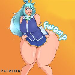 0ppai0ni 1girls aqua_(konosuba) ass_bigger_than_head ass_bigger_than_skirt big_ass bottom_heavy english english_text hyper hyper_ass kono_subarashii_sekai_ni_shukufuku_wo! long_hair onomatopoeia solo_female text thick_thighs