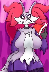 angry axe big_breasts breasts clenched_teeth delphox featureless_breasts female flipping_off furry garter_straps hiding_object middle_finger pokémon_(species) pokemon raynorrstarranger shiny_pokemon thick_thighs wide_hips