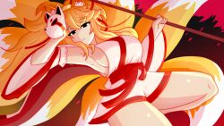 1girls anthro armpits ceroba_(undertale_yellow) ceroba_ketsukane clothed clothing female female_only fox fox_girl fox_tail furry humanized kimono kitsune large_breasts long_hair mask monster monster_girl nick_nitro short_kimono sideboob solo solo_focus staff tail thick_thighs undertale undertale_(series) undertale_yellow