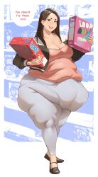 1girls bamboo_ale bbw belly big_thighs clothed fat_rolls huge_belly logo_parody obese text text_bubble thighs yeoubul