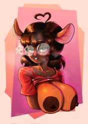 bedroom_eyes brown_eyes brown_fur brown_hair buckteeth female furry glasses gwen_martin heavy_breathing large_breasts mouse shirt_lift smile sweat sweaty_breasts volan_art