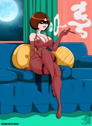 2017 brown_hair cigarette cigarette_holder commission disney eye_mask helen_parr huge_breasts lace light-skinned_female light_skin locofuria long_gloves mask mature_female mature_woman milf panties smoking the_incredibles transparent_clothing