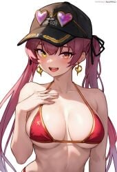 beach belly belly_button big_breasts bikini bluefield breasts cap coat ear_piercing earrings glasses heart_glasses high_ponytail hololive hololive_fantasy hololive_japan houshou_marine large_breasts long_hair navel necklace pants ponytail red_hair sea seaside sideboob sunglasses sunglasses_on_head sunlight sweat sweating sweaty swimsuit thong thong_bikini virtual_youtuber