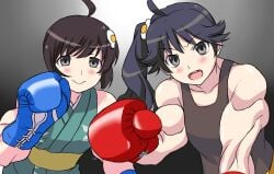 2girls :) :d ahoge alternate_muscle_size anime_coloring aqua_kimono araragi_karen araragi_tsukihi bangs bare_shoulders bending_forward biceps big_muscles black_hair black_tank_top blue_boxing_gloves blue_kimono blue_yukata blush boxing_gloves closed_mouth commentary_request egg_hair_ornament female female_only floral_print flower_print fried_egg from_below glow_(g10w) grey_background grey_eyes hair_between_eyes hair_ornament hand_out_of_frame hand_up human human_only kimono long_hair looking_at_viewer medium_bangs medium_breasts monochrome_background monogatari_(series) muscle muscle_girl muscles muscular muscular_arms muscular_female nisemonogatari no_jacket obi open_mouth ponytail pov red_boxing_gloves short_hair siblings side_ponytail sisters sleeveless sleeveless_kimono smile tank_top teenage_girl teenager teeth upper_body upper_teeth upper_teeth_only yellow_belt yellow_shorts yukata