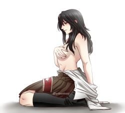 1girls artesdealy attack_on_titan black_boots black_hair_female boots covering_breasts eldian_armband eldian_flag female kneeling kneeling_female pieck_finger shingeki_no_kyojin shirt_off shirt_removed skirt smiling solo_female tagme