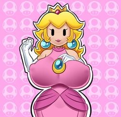 1girls alternate_breast_size bare_shoulders big_breasts black_eyes blonde_hair breasts busty clothed crown dress earrings erect_nipples female female_only fully_clothed gloves huge_breasts human mario_(series) nintendo nipple_bulge paper paper_mario paper_peach princess princess_peach puffy_nipples royalty solo squidapple thick_thighs thin_waist wide_hips