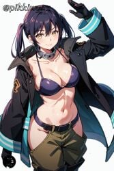 ai_generated bangs bikini bikini_top_only black_bikini black_coat black_gloves black_hair blush breasts cleavage closed_mouth coat collar collarbone cowboy_shot en'en_no_shouboutai enen_no_shouboutai female fire_force gloves groin hair_between_eyes hip_vent kotatsu_tamaki large_breasts long_hair long_sleeves looking_at_viewer navel open_clothes open_coat pants pikkiwynn sidelocks simple_background smile solo standing stomach swimsuit twintails white_background yellow_eyes