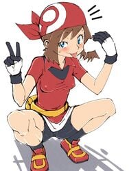 1boy 1girls ass bandana bike_shorts blue_eyes breasts brown_hair cameltoe censored clothed fellatio female game_freak gloves human human_only licking male may_(pokemon) nintendo oral partially_colored penis pokemon pokemon_rse shirt shoes shorts simple_background small_breasts solo_focus squatting straight stupa13a tongue tongue_out v wet white_background