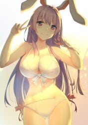 absurdres animal_ears bikini breasts cleavage diving_penguin front-tie_bikini_top front-tie_top halterneck highres large_breasts light_purple_hair long_hair looking_at_viewer navel rabbit_ears reisen_udongein_inaba side-tie_bikini_bottom solo sunset swimsuit thighs touhou v white_bikini