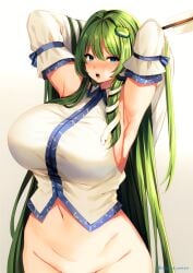 1girls armpits arms_up artist_name bare_shoulders blue_eyes blush bottomless breasts commentary_request detached_sleeves female frog_hair_ornament gradient_background green_hair grey_background groin hair_between_eyes hair_intakes hair_ornament huge_breasts kochiya_sanae long_hair looking_at_viewer marota navel nose_blush open_mouth out-of-frame_censoring partial_commentary sanae_kochiya shirt solo tagme touhou twitter_username upper_body very_long_hair white_background white_shirt