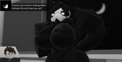 3d anthro areolae big_ass big_breasts big_tail black_body black_fur blurry_background changed_(video_game) colin_(changed) detailed_background english_text female_puro funny furry glowing_eyes goo_creature hand_behind_head hand_on_breast large_ass large_breasts large_tail latex_creature lin_(changed) long_hair moon night nipples nonalterna puro_(changed) roblox robloxian rule_63 self_upload skull_mask solo_female solo_focus tail text text_box tired tired_eyes tired_look wagging_tail watermark window