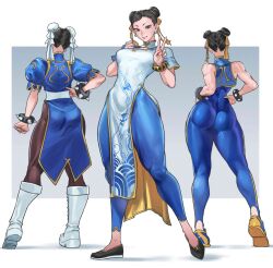 1girls absurdres ass bare_shoulders boots bracelet breasts bun_cover capcom china_dress chinese_clothes chun-li clenched_hand commentary cropped_vest double_bun dress earrings female from_behind full_body hair_bun hair_ornament hand_on_own_hip hands_on_own_hips hands_up highres jewelry juaagacgy knee_boots looking_at_viewer medium_breasts multiple_views nonude pants pantyhose parted_lips pelvic_curtain puffy_short_sleeves puffy_sleeves shoes short_sleeves skin_tight sleeveless smile sneakers spiked_bracelet spikes standing street_fighter street_fighter_6 street_fighter_alpha street_fighter_ii tight_pants turtleneck unitard v vest white_footwear yoga_pants