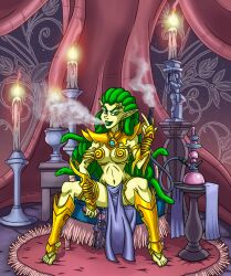 2016 cigarette cigarette_holder commission digital_media_(artwork) dungeons_and_denizens eyebrow_piercing goldenyak gorgon green_eyes green_skin mythological_creature mythology piercing piercings smoking snake_hair uncensored zerelda_the_gorgon