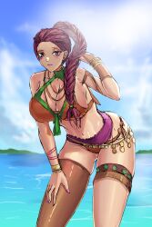 1girls alboeire alternate_costume ass_visible_through_thighs bare_thighs bent_over braid braided_ponytail breasts brown_bikini brown_eyes brown_swimsuit cleavage female female_only fire_emblem fire_emblem:_three_houses large_breasts leaning_forward lipstick looking_at_viewer nail_polish nintendo ocean outdoors petra_macneary pink_lips pink_lipstick pink_nails ponytail purple_hair sideboob single_thighhigh skindentation smile solo thighhighs thighs water