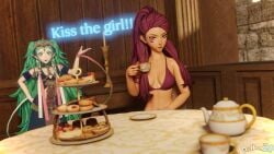 2girls 3d angry bangs bare_arms bare_midriff bra braid breasts brown_eyes cattle cup dark-skinned_female dark_skin dochaunt24 female female_only fire_emblem fire_emblem:_three_houses food green_eyes green_hair imminent_sex indoors inviting inviting_to_sex long_hair looking_at_viewer medium_breasts midriff multiple_girls nintendo open_mouth petra_macneary pointy_ears ponytail purple_bra purple_hair seductive small_breasts smile sothis_(fire_emblem) sweet table tea tea_cup tea_time teatime twin_braids twintails underwear valentine valentine's_day very_long_hair