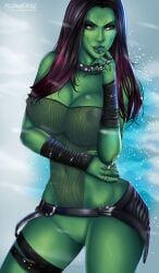 2d alien alien_girl alien_look_like_human biting_finger blue_background breasts chains cleavage female female_only flowerxl gamora green-skinned_female green_skin guardians_of_the_galaxy hands_on_hips huge_breasts marvel marvel_cinematic_universe naked_female nipples nude_female pinup pussy red_and_black_hair seductive_look see-through_clothing tagme thighhighs