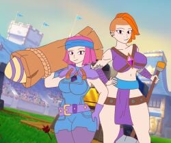 2d 2d_(artwork) 2girls axe big_breasts breasts clash_(series) clash_royale evolution_firecracker_(clash_royale) evolution_valkyrie_(clash_royale) female female_focus female_only firecracker_(clash_royale) flat_colors orange_hair pale-skinned_female pale_skin pink_eyes pink_hair posing purple_eyes revealing_clothes thick_thighs valkyrie_(clash_of_clans) valkyrie_(clash_royale) wide_hips