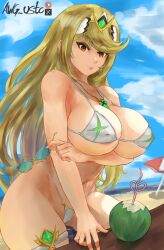 beach big_breasts bikini blonde_hair cleavage gigantic_breasts hikari_(xenoblade_2) mythra tight_fit xenoblade_(series) xenoblade_chronicles_2