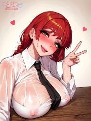 1girls ai_generated aiporndude areola areola_bulge areolae areolae_visible_through_clothing bangs blush blush_lines blushing_at_viewer braid braided_hair braided_ponytail breasts breasts_on_table chainsaw_man curvaceous curvy curvy_body curvy_female curvy_figure female heart hearts_around_head huge_breasts large_breasts lips looking_at_viewer makima_(chainsaw_man) necklace nipple_bulge nipples nipples_visible_through_clothing office_lady peace_sign red_hair see-through see-through_clothing shirt smile smiling smiling_at_viewer solo solo_female solo_focus sweat sweatdrop yellow_eyes