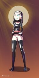 1girls 2018 black_clothing blue_eyes bottomless cartoon_network color commission dress dress_lift exhibitionism female_only high_heels highres latex no_panties nun orange_hair pearl_(steven_universe) pussy shadow2007x shiny_clothes solo steven_universe thigh_high_boots uncensored white_skin