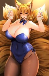 1girls animal_ear_fluff animal_ears artist_name bare_shoulders blonde_hair blue_bow blue_bowtie blue_leotard blue_nails bow bowtie breasts brown_pantyhose cleavage commentary_request covered_navel cowboy_shot curvy detached_sleeves fox_ears fox_shadow_puppet gradient_background grey_background groin hair_between_eyes hands_up highleg highleg_leotard huge_breasts leotard looking_at_viewer marota marota_(imyme_maro) multiple_tails nail_polish no_headwear nontraditional_playboy_bunny open_mouth panties pantyhose playboy_bunny ran_yakumo shiny_clothes shiny_skin short_hair solo standing strapless strapless_leotard tagme tail tails thick_thighs thighs topknot touhou twitter_username underwear wrist_cuffs yakumo_ran yellow_eyes