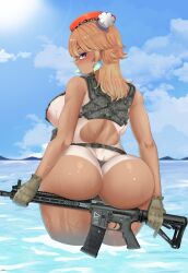 1girls ass breasts dat_ass female gun hi_res hololive hololive_english hololive_myth huge_ass huge_breasts long_hair muscleboii orange_hair outdoors takanashi_kiara tan tan-skinned_female tanline tanlines tanned_skin virtual_youtuber