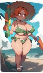 1girls ai_generated annoyed beach big_breasts bikini blush breasts cloud covered_nipples creamballz female female_pico forehead frills full_body genderswap_(mtf) huge_breasts huge_nipples large_breasts looking_at_viewer mob_face navel newgrounds nipples orange_hair palm_tree pico_(newgrounds) rule_63 sand sandals sea shadow short_hair sky solo straw_hat thick_thighs thighs tied_hair water water_gun white_eyes wide_hips