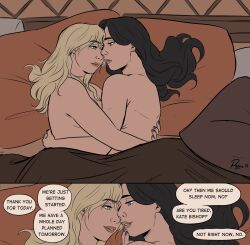 2girls bed bedsheets black_hair blonde_hair embracing embracing_each_other english_text female female_only florence_pugh hailee_steinfeld hawkeye_(series) kate_bishop lesbian marvel marvel_cinematic_universe multiple_girls naked naked_females nude_females paigesofart text yelena_belova yuri