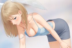 bent_over blue_eyes breast_tattoo breasts brown_hair down_blouse ear_piercing eunie_(xenoblade) female female_only head_wings highres medium_hair miniskirt miura-n315 nipple nipple_slip nipples no_bra one_breast_out skirt solo strap_slip tattoo white_wings wings xenoblade_chronicles_(series) xenoblade_chronicles_3