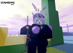 1female big_breasts black black_body blush breasts curvy curvy_female curvy_figure female female_focus female_only flower flowers flowers_in_hair girl girl_focus guest_(roblox) happy nervous nervous_look posing purple_hair purple_nipples render rendered roblox roblox_avatar roblox_studio robloxian scameows screencap screenshot slight_blush sword thick_thighs titties violet_hair violet_nipples