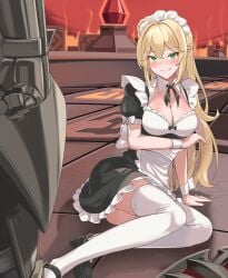 ai_generated arm_under_breasts aspiring_warrior_craig_(guardian_tales) black_heels blonde_hair craig_(guardian_tales) dutch_braid female_knight_(guardian_tales) green_eyes guardian_tales heels knight_armor kuda_aer_(artist) looking_at_viewer maid maid_apron maid_headdress maid_outfit male_out_of_frame thighhighs white_thighhighs