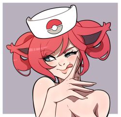 1girls :p blue_eyes blush breasts cat_ears catgirl completely_nude female female_only heart-shaped_pupils kinkymation licking_lips looking_away medium_breasts naughty_face nude nude_female nurse_cap nurse_joy pokemon red_hair short_hair smile solo upper_body