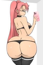 1girls ass ass_focus big_ass big_breasts breasts brown_eyes choker glasses highres highschool_of_the_dead holding_phone huge_ass huge_breasts large_breasts long_hair phone pink_hair saya_takagi solo solo_female tagme thick_thighs thighhighs thong tight_clothes twintails wide_hips zonen404