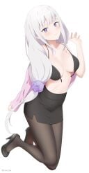 1girls black_bra breasts coro_fae elf elf_ears elf_female elf_girl emilia_(re:zero) female female_only half-dressed high_heels open_bra open_clothes pantyhose partially_clothed purple_eyes re:zero_kara_hajimeru_isekai_seikatsu shoes short_skirt silver_hair skirt solo solo_focus stockings white_background