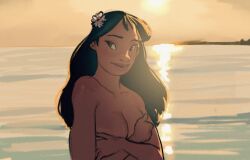 1girls breasts covering_breasts dark-skinned_female dark_skin disney female female_only flower_in_hair hygienic_cat lilo_and_stitch nani_pelekai sea smile solo sunset topless_female