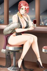 1girls big_breasts cleavage dress female female_only green_eyes high_heels kimmy77 pyrrha_nikos red_hair rwby sitting solo wine wine_glass