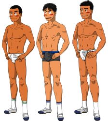 10s 2010 3boys black_hair blush blush_lines boxers briefs bulge buzz_cut erect_penis erection fundoshi gay male male_only muscular nipples original shoes simple_background skinny socks spiky_hair tagme taku_hiraku underwear white_background white_briefs young