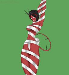 1girls angry black_hair bound christmas demon demon_girl horns kawaiiredpandas looking_at_viewer medium_breasts purple_eyes pussy_outline red_highlights red_skin ribbon ribbons sam_(kawaiiredpandas) tail