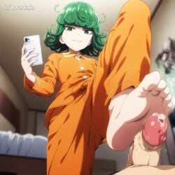 1boy1girl 1girls ahe_gao ai_generated angry angry_face anime anime_style barefoot bed bedroom behind_view brush cum ejaculation erection female_focus femdom foot_fetish foot_focus footjob green_eyes green_hair lower_body nsfwworks.ia one-punch_man pajamas penis phone precum room saitama smile soles stepping_on_penis tatsumaki teasing trample tsundere