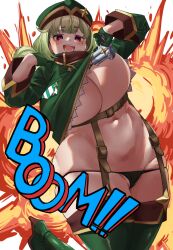 alternate_body_type araga_kiwi broad_shoulders chubby chubby_female english_text explosion gigantic_breasts jumping leopard_(mahou_shoujo_ni_akogarete) mahou_shoujo_ni_akogarete text thick_thighs wide_hips