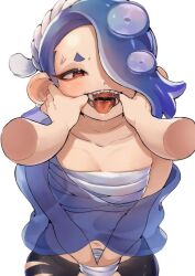 2022 black_eyelashes black_legwear blue_hair cleavage drool drooling earrings fangs finger_in_mouth hair_over_one_eye hands_tied headband headwear hi_res highres japanese_female light-skinned_female looking_at_viewer moudameda17 nintendo octoling open_mouth red_eyes ripped_clothing saliva sarashi shawl shiver_(splatoon) shiver_hohojiro splatoon splatoon_(series) splatoon_3 tagme tentacle tentacle_hair tongue tongue_out